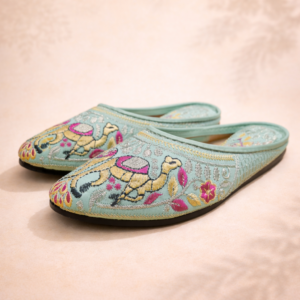 Handmade Mint Green Camel Embroidered Women Jutti – Ethnic Punjabi Mojari Flats